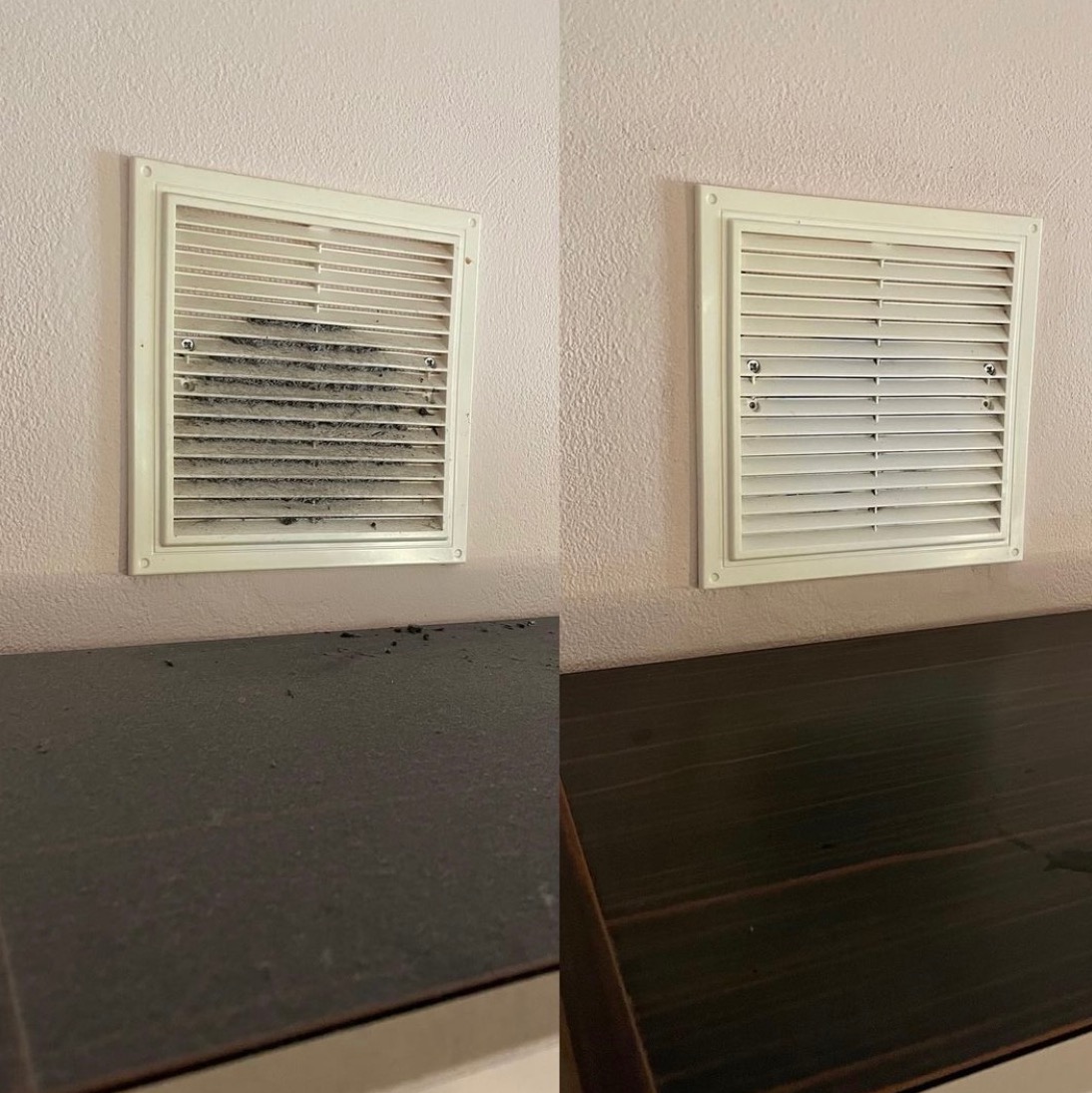 Porównanie: kratka wentylacyjna przed i po czyszczeniu, widoczna różnica w ilości kurzu na kratce i powierzchni pod nią.