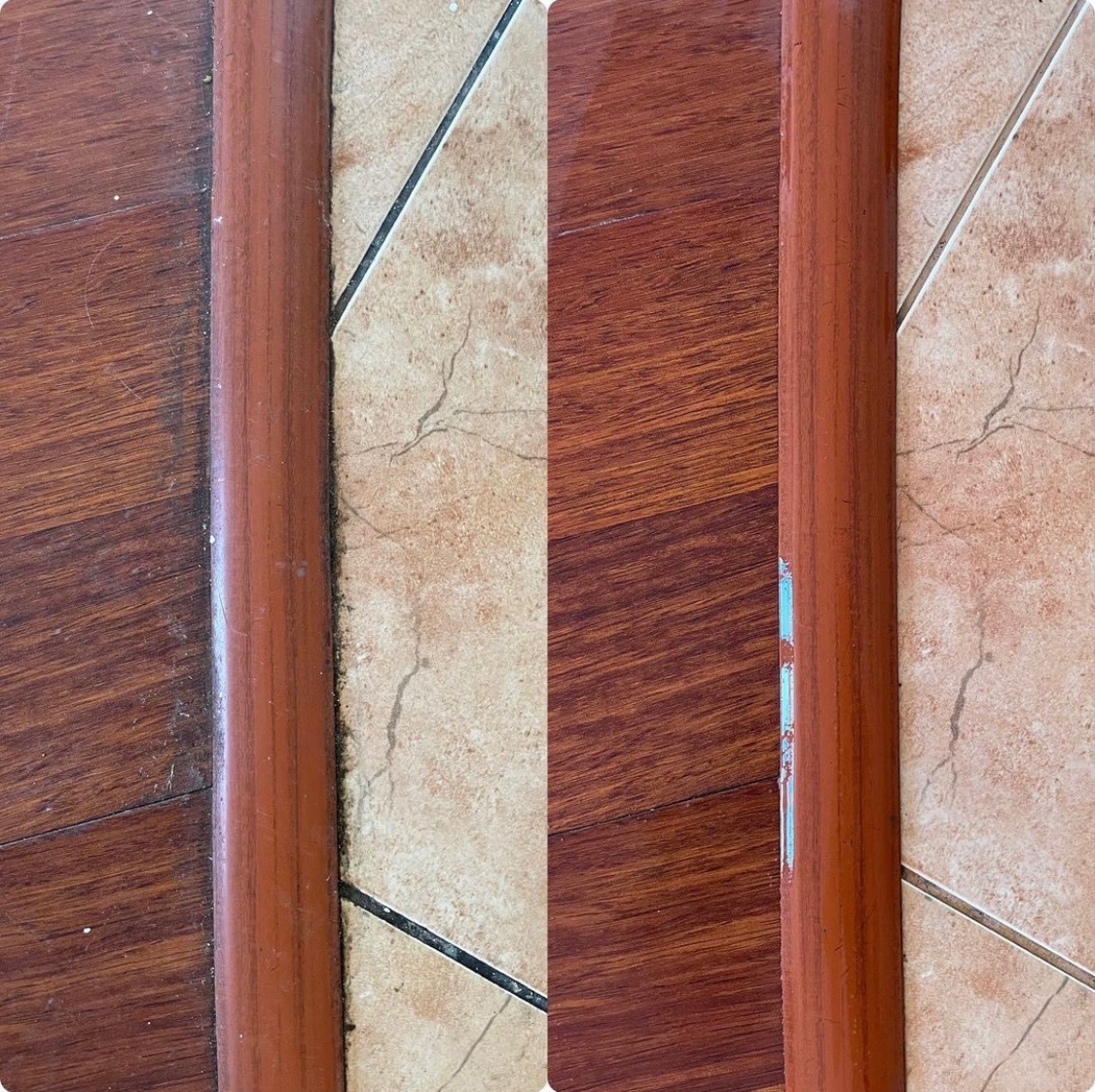 Porównanie stanu listwy progowej przed i po czyszczeniu: po lewej zabrudzenia i kurz, po prawej ślady farby i drobne uszkodzenia. Widoczna różnica w kolorze i fakturze podłogi drewnianej i płytek...