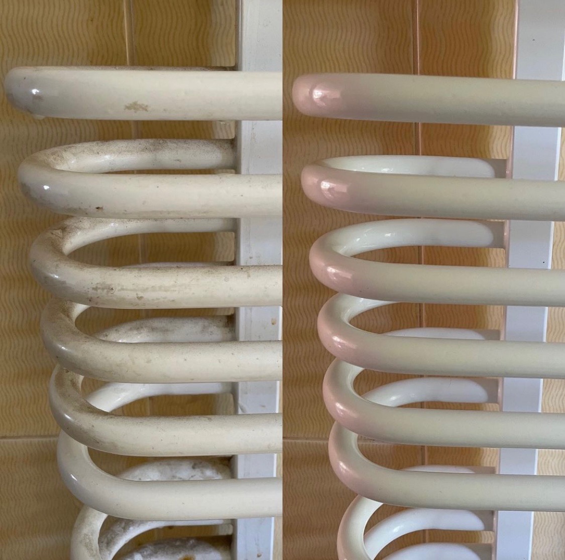 Grzejnik łazienkowy drabinkowy: po lewej stronie zabrudzony, po prawej wyczyszczony, widoczna różnica w połysku.