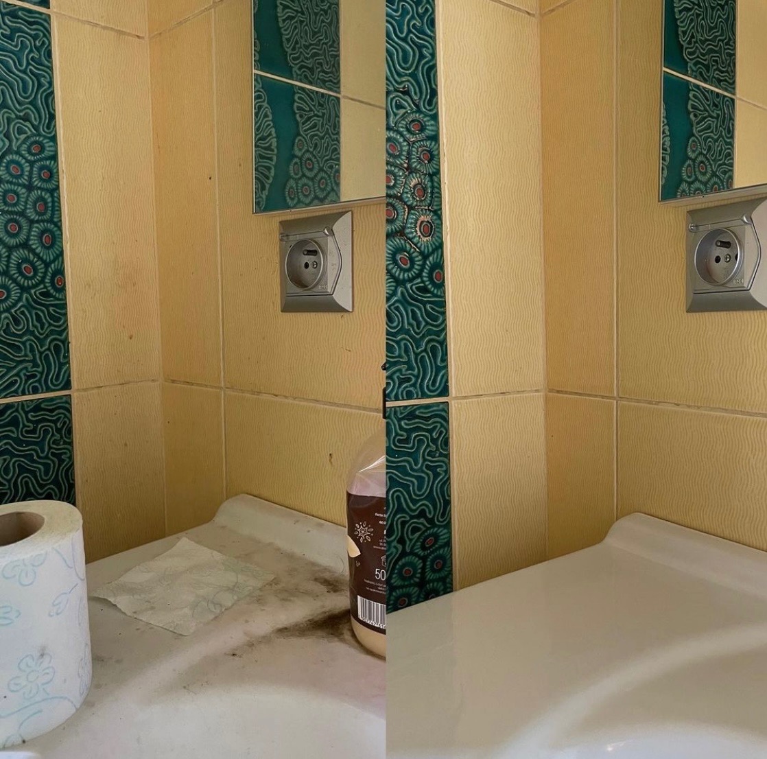 Porównanie stanu umywalki w łazience przed i po czyszczeniu, widoczne zabrudzenia i resztki na powierzchni przed, a czysta, biała umywalka po prawej stronie, obok stoi butelka płynu czyszczącego.