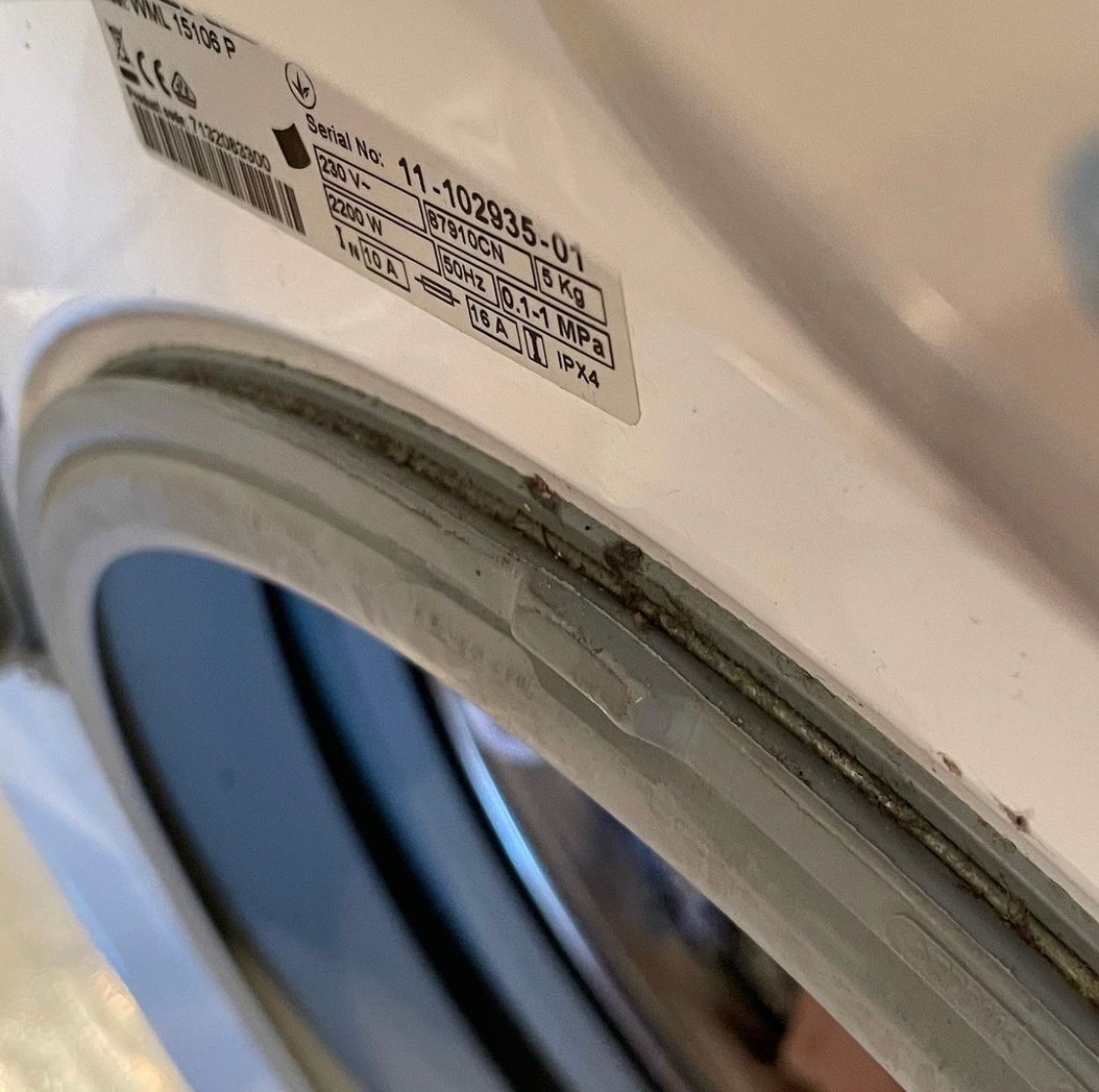 Zanieczyszczona uszczelka pralki w Pile, widoczne ślady pleśni i zabrudzeń wokół gumowej krawędzi.