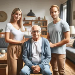 Starszy mężczyzna w okularach siedzi otoczony młodszą kobietą i mężczyzną w jasnym salonie.