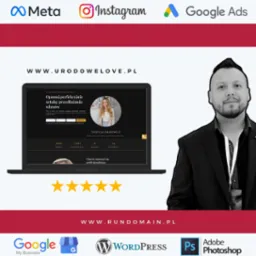 Mężczyzna w garniturze obok laptopa prezentującego stronę internetową UrodoweLove.pl, z logotypami Meta, Instagram, Google Ads, WordPress, Google My Business i Adobe Photoshop.