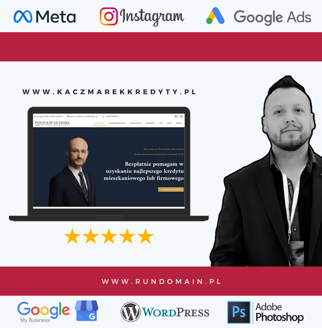 Ekran laptopa wyświetlający stronę internetową o tematyce kredytowej, otoczony logotypami Meta, Instagram, Google Ads, Google My Business, WordPress, Photoshop, oraz oceną czterech gwiazdek...