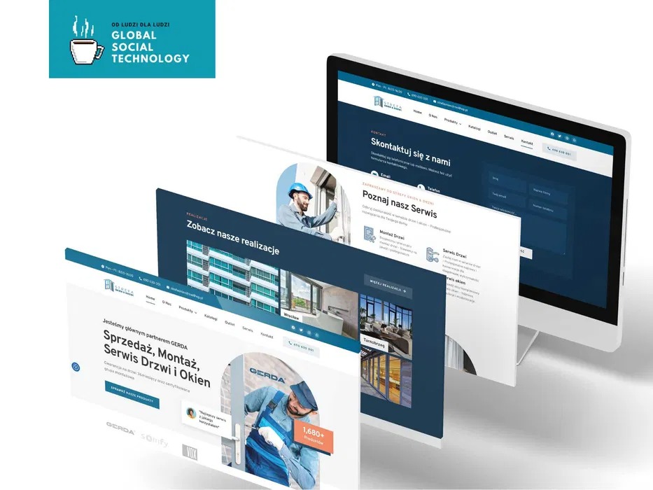 Prezentacja responsywnej strony internetowej na ekranie monitora, ukazująca portfolio firmy z branży stolarki okiennej i drzwiowej, z widocznymi realizacjami i danymi kontaktowymi.