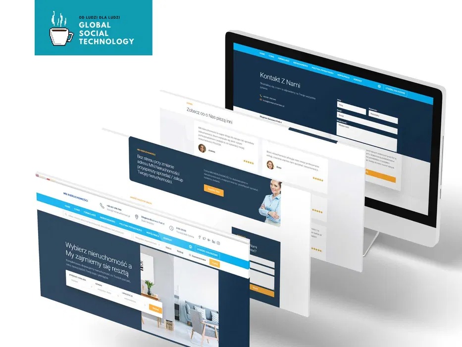 Wizualizacja responsywnej strony internetowej agencji nieruchomości, wyświetlana na monitorze i w formie nakładających się na siebie okien przeglądarki prezentujących różne podstrony.