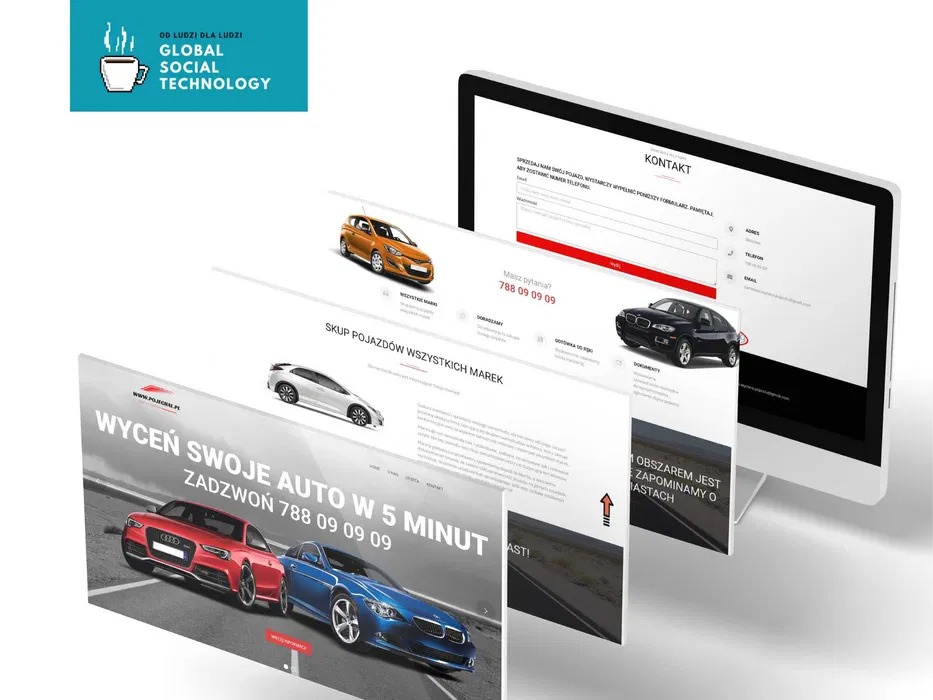 Prezentacja responsywnego projektu strony internetowej z motywem motoryzacyjnym, wyświetlana na ekranie monitora.