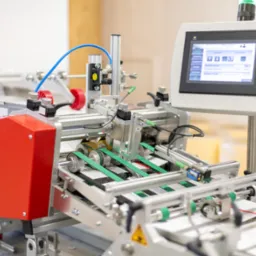 Automatyczna maszyna do etykietowania z czerwonym modułem, zielonymi taśmami transportującymi i panelem sterowania dotykowego, wyświetlającym menu ustawień.