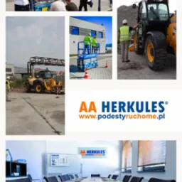 Kolaż zdjęć przedstawiający szkolenia z obsługi podestów ruchomych i maszyn budowlanych, w tym instruktaż przy podnośniku Genie GS-1932m, praca operatorów na podestach i koparkoładowarce JCB...