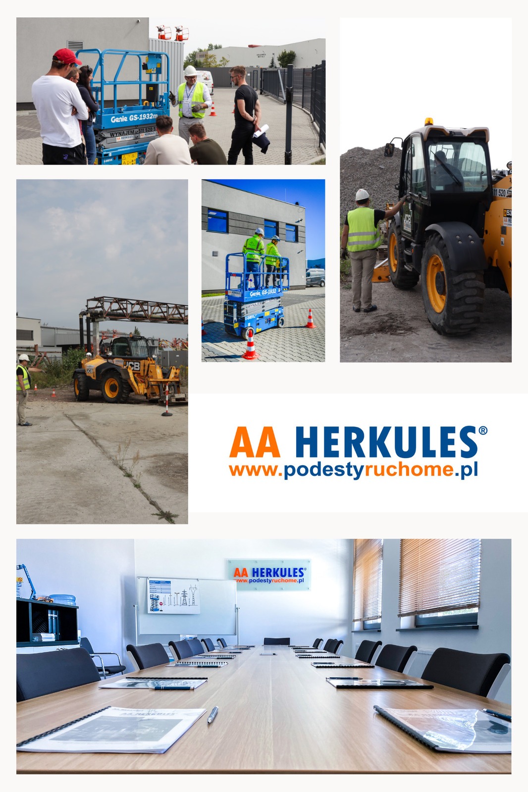 Kolaż zdjęć przedstawiający szkolenia z obsługi podestów ruchomych i maszyn budowlanych, w tym instruktaż przy podnośniku Genie GS-1932m, praca operatorów na podestach i koparkoładowarce JCB...