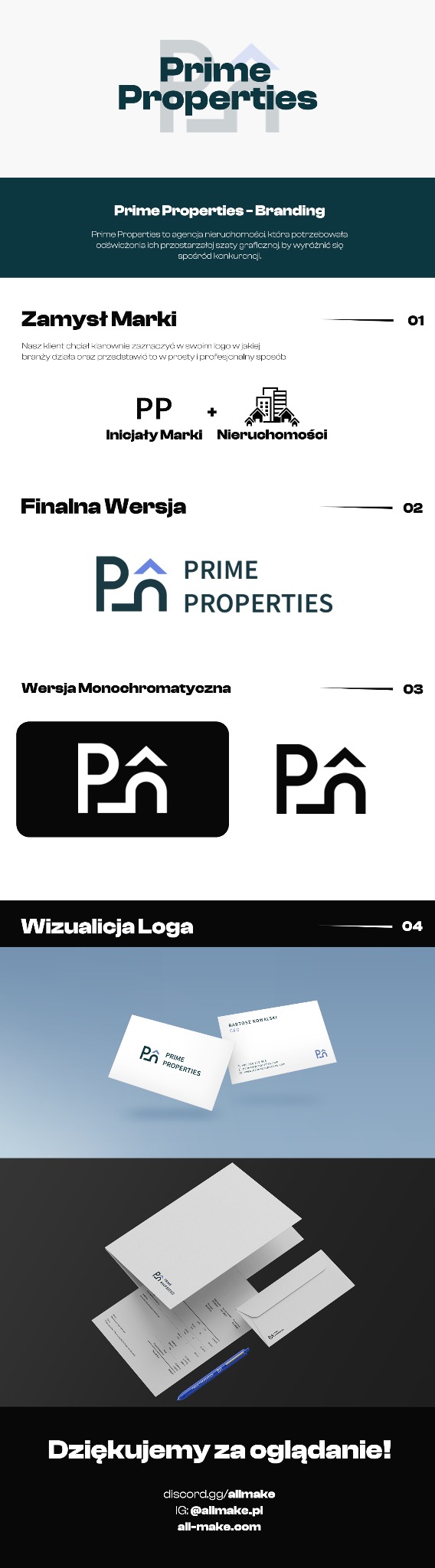 Prezentacja procesu tworzenia logo dla agencji nieruchomości Prime Properties, od koncepcji przez wersje monochromatyczne po wizualizację na wizytówkach i papierze firmowym.