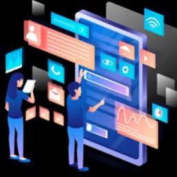 Ilustracja przedstawia dwie osoby pracujące nad interfejsem aplikacji mobilnej na dużym ekranie, z elementami UI unoszącymi się wokół, w tym ikony profilu, wiadomości, ustawień, wykresów...