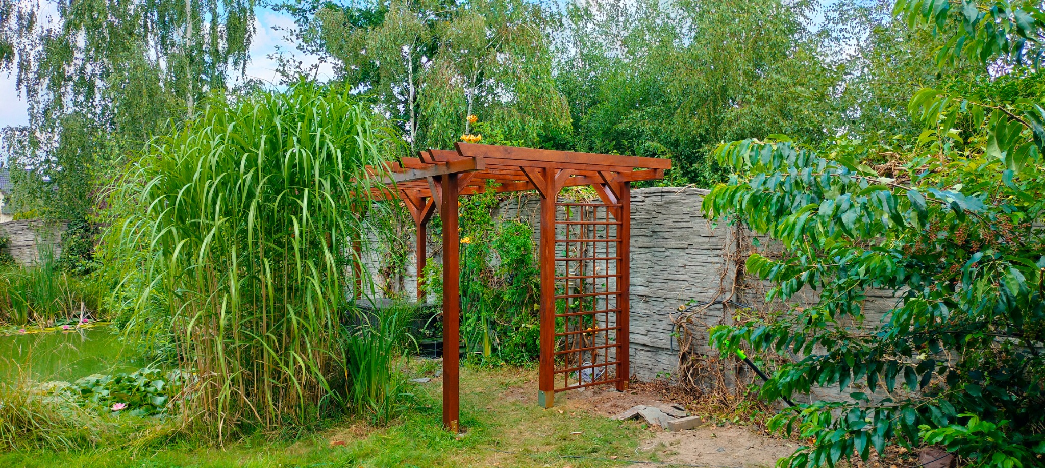 Drewniana pergola z kratką w ogrodzie, obok oczko wodne i ozdobne trawy. Konstrukcja z ciemnego drewna na tle kamiennego murku i bujnej zieleni.