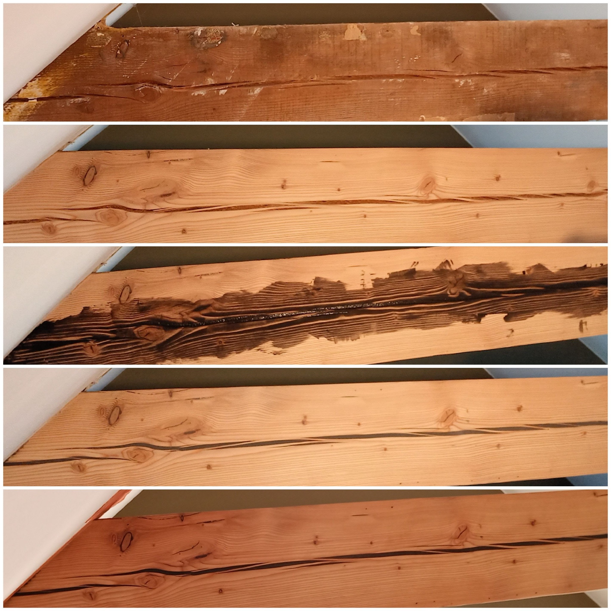 Etapy renowacji drewnianej belki stropowej: od usunięcia starej farby i zabrudzeń, przez szlifowanie i wypełnianie ubytków, po nakładanie bejcy i lakieru.