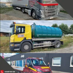 Zestawienie trzech pojazdów: szara ciężarówka z naczepą z logo Mar-Par, żółta ciężarówka z zielonym zbiornikiem i czerwona laweta Iveco z napisem Pomoc Drogowa na tle salonu Jeep.