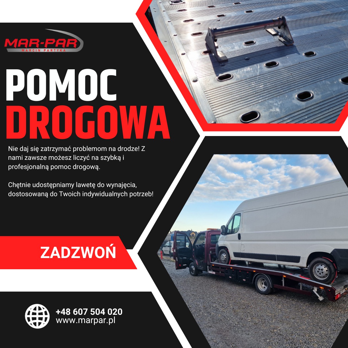 Laweta z białym busem na platformie, widoczne otwarte drzwi lawety, w tle błękitne niebo z chmurami, grafika z napisem 'Pomoc Drogowa' i logo firmy.