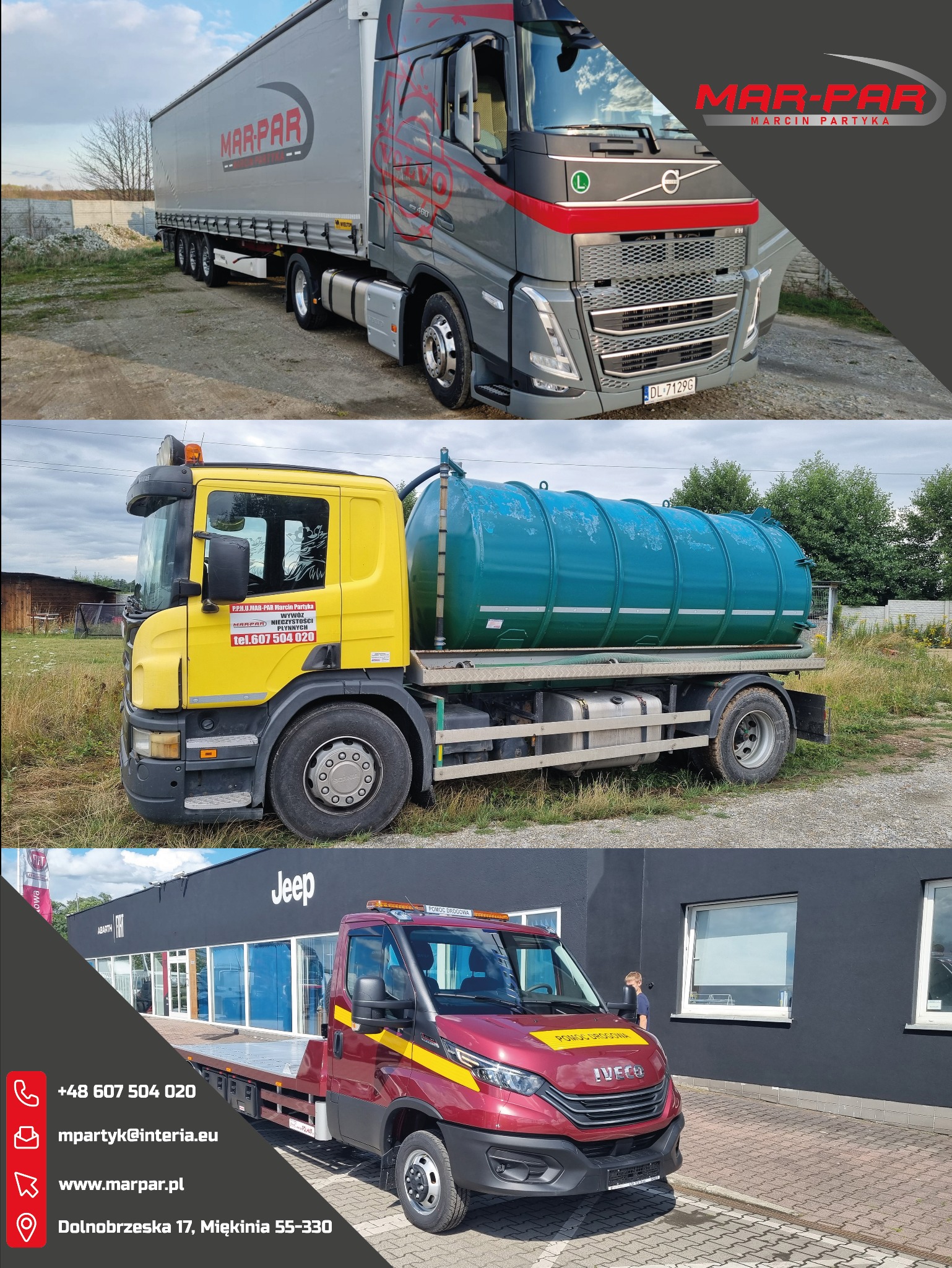 Zestawienie trzech pojazdów: szara ciężarówka z naczepą z logo Mar-Par, żółta ciężarówka z zielonym zbiornikiem i czerwona laweta Iveco z napisem Pomoc Drogowa na tle salonu Jeep.