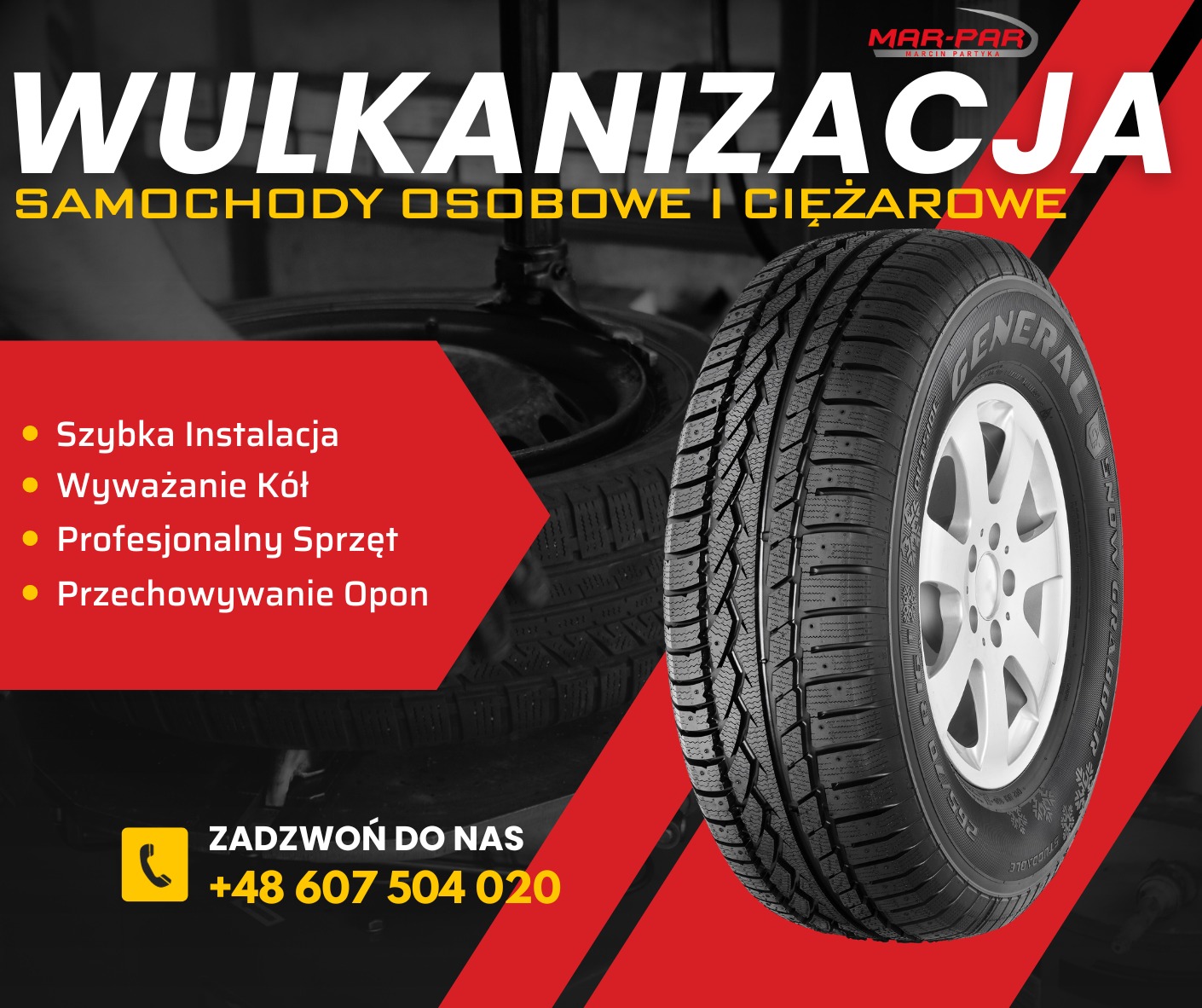 Reklama warsztatu wulkanizacyjnego: opona zimowa marki General na tle informacji o szybkiej instalacji, wyważaniu kół, profesjonalnym sprzęcie i przechowywaniu opon, z numerem telefonu kontaktowego.