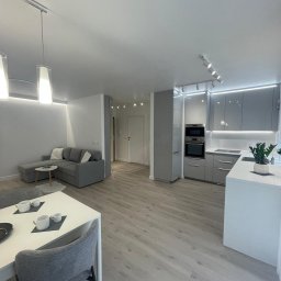 Pavel Kanenka - Nowoczesne wnętrze: szara kuchnia z wyspą, drewnopodobna podłoga, szara sofa w salonie. Minimalistyczny design, oświetlenie LED. Widok z perspektywy jadalni.