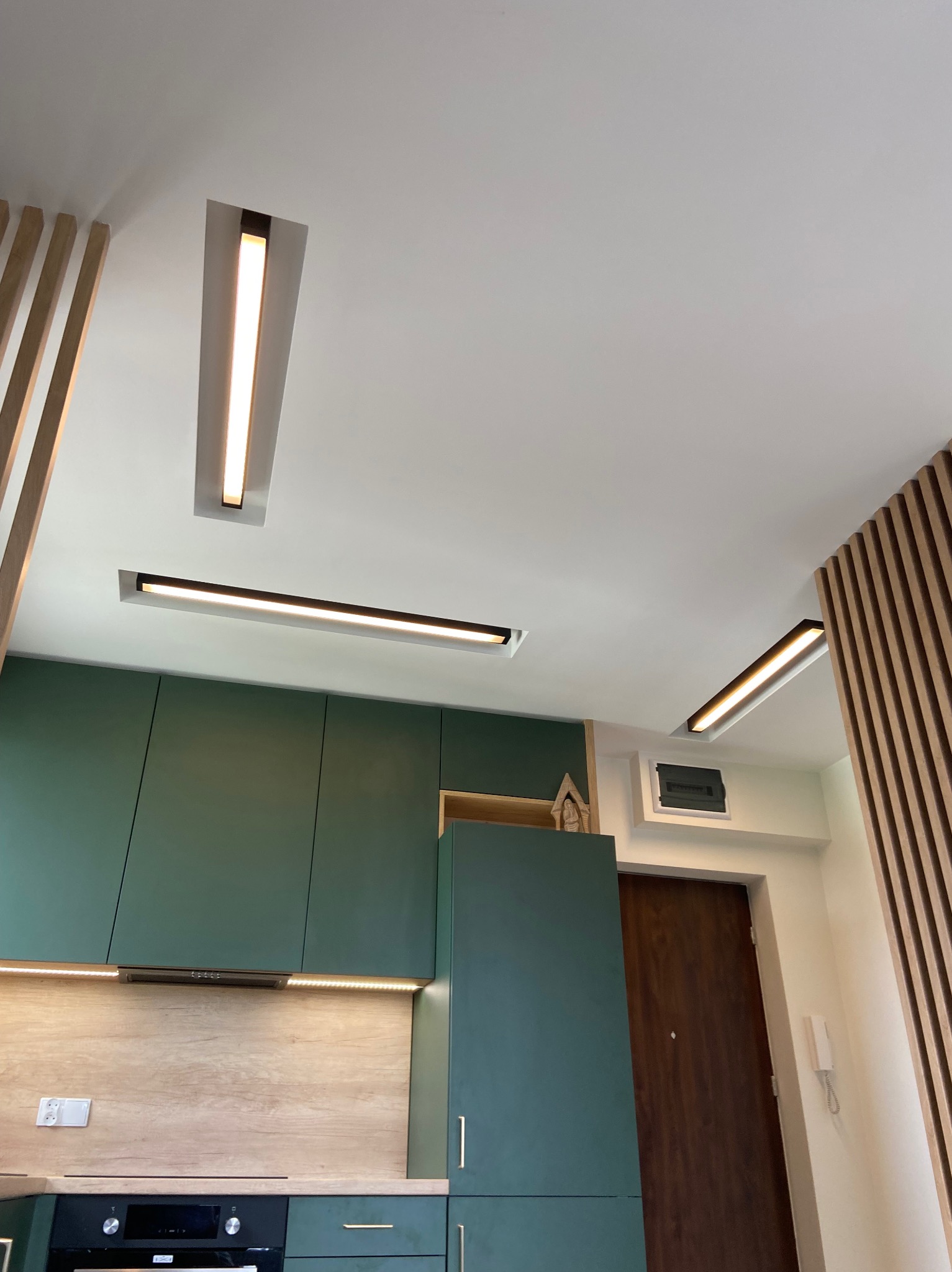 Nowoczesna kuchnia z zielonymi szafkami, drewnianym blatem i oświetleniem LED w suficie oraz drewnianymi lamelami dekoracyjnymi na ścianie, widok z dołu.