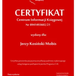 Certyfikat Centrum Informacji Księgowej nr 8941493602/21 wydany dla Jerzego Kosińskiego Mobis, potwierdzający pozytywną weryfikację usług księgowych, z datą wydania 05.12.2021 i podpisem Jakuba...