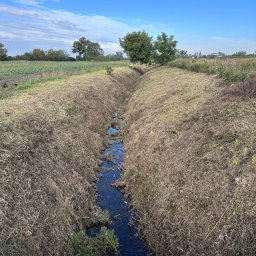 Oilmark Marek Małek - Długi, wąski rów melioracyjny wypełniony wodą, otoczony wyschniętą trawą i polami uprawnymi pod błękitnym niebem z lekkimi chmurami.