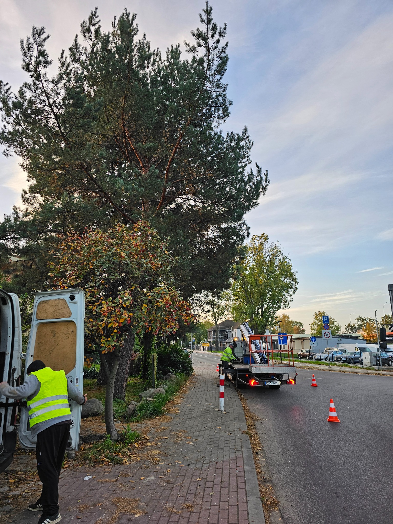 Pracownik w kamizelce odblaskowej wyjmuje sprzęt z furgonetki zaparkowanej obok drzewa, w tle platforma robocza na przyczepie i pomarańczowe pachołki na jezdni.