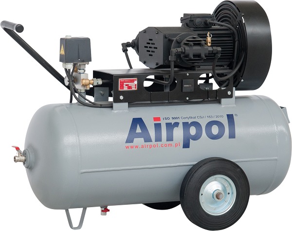 Bezolejowy kompresor AIRPOL AB6/1-380-120 na kółkach, z widocznym silnikiem elektrycznym i zbiornikiem ciśnieniowym w kolorze szarym, prezentowany na białym tle.