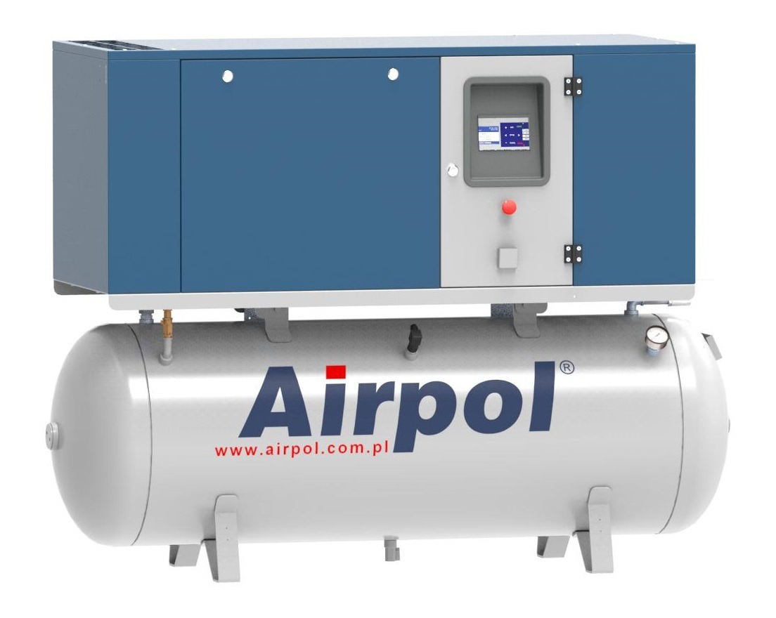 Sprężarka śrubowa AIRPOL K5 na zbiorniku 500 l, widok z przodu, z wyświetlaczem i manometrem.