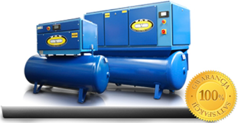 Dwie niebieskie sprężarki śrubowe olejowe na zbiornikach, z naklejką '100% gwarancji satysfakcji' w prawym dolnym rogu, ustawione na białym tle z cieniem.