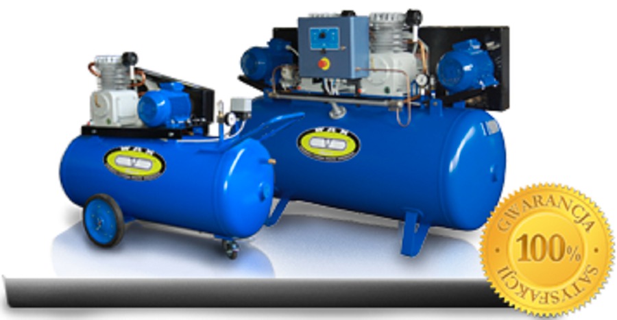 Dwa niebieskie sprężarki tłokowe olejowe WAN, jeden mniejszy z kółkami, drugi większy ze sterowaniem, na białym tle z gwarancją 100% satysfakcji.