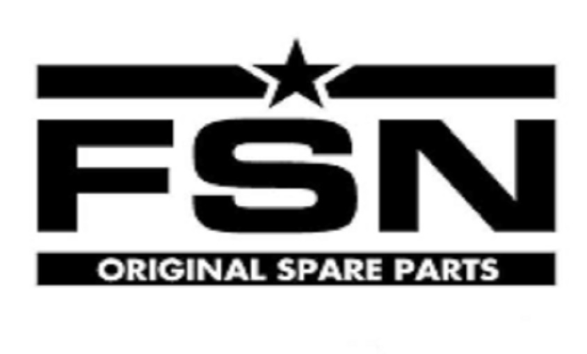 Czarne logo FSN z gwiazdą i napisem 'ORIGINAL SPARE PARTS' na białym tle, proste i czytelne.