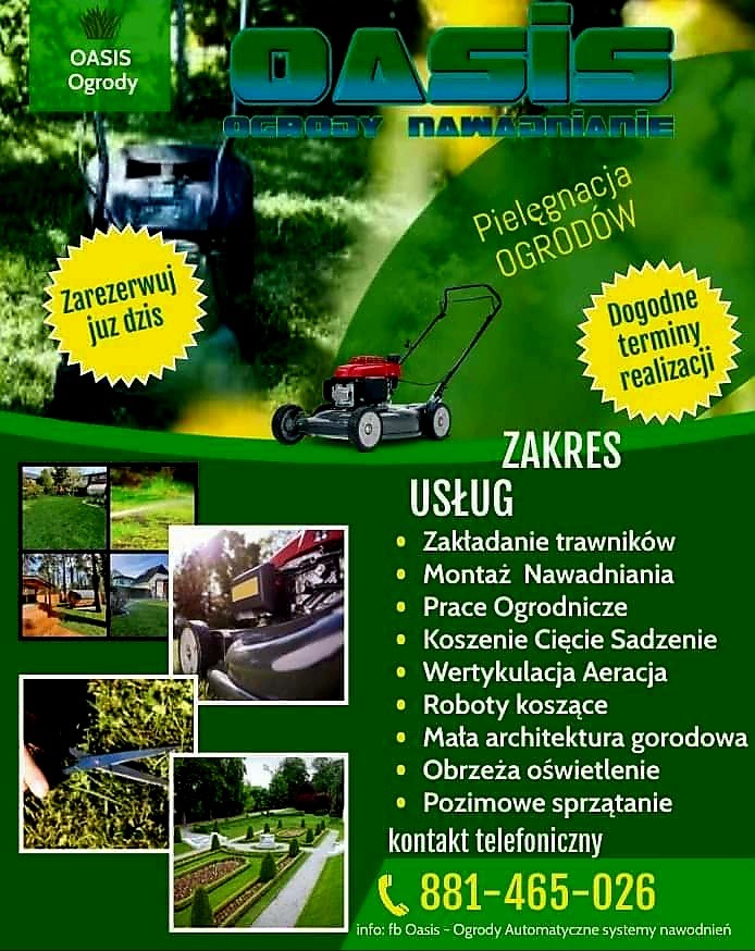 Grafika reklamowa firmy ogrodniczej Oasis Ogrody z ofertą usług: zakładanie trawników, montaż nawadniania, prace ogrodnicze, koszenie, wertykulacja, mała architektura, obrzeża oświetleniowe,...
