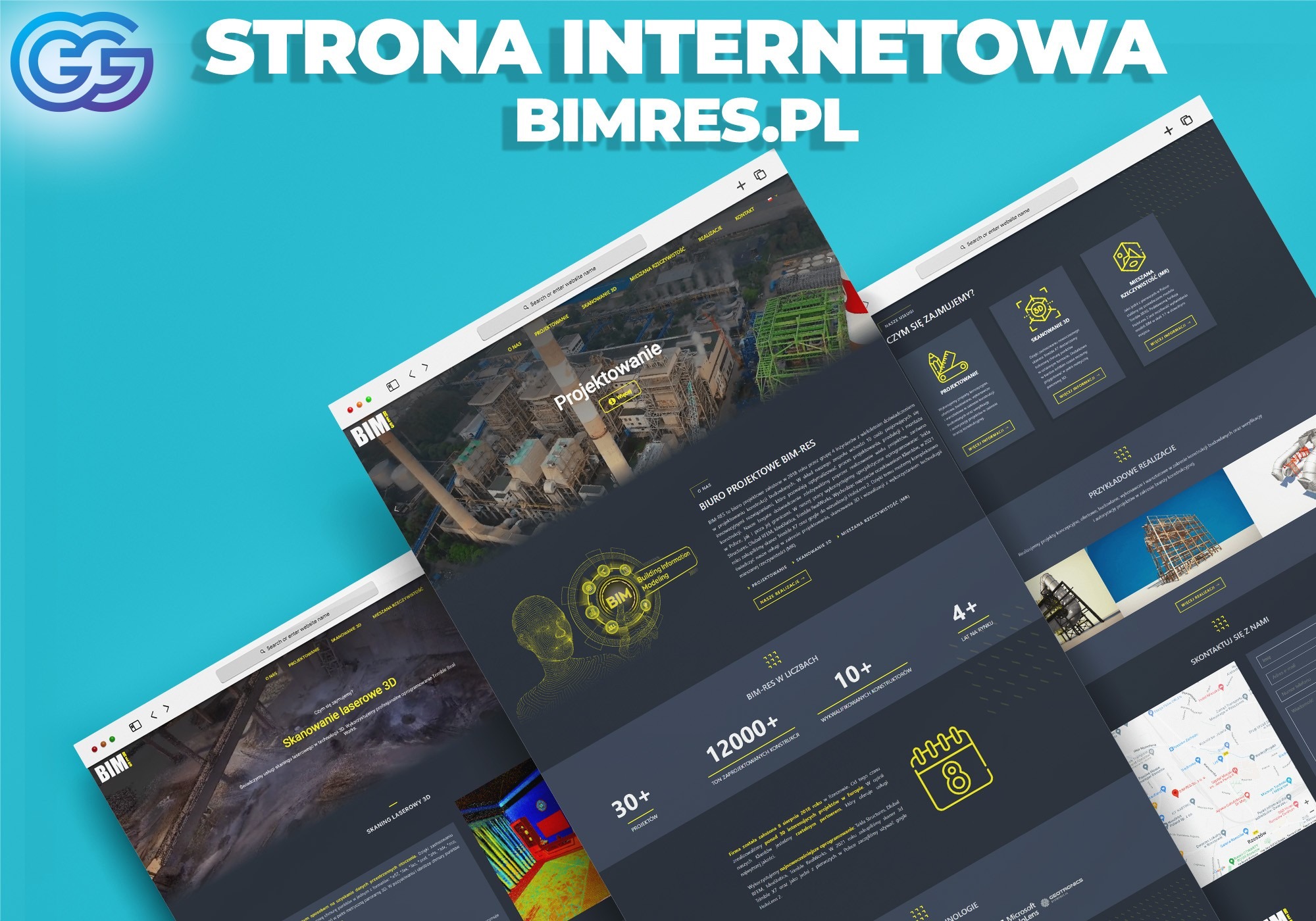 Zrzut ekranu strony internetowej biura projektowego BIM-RES, prezentujący ofertę projektowania, skanowania 3D i mieszanej rzeczywistości, z wizualizacjami projektów konstrukcyjnych i informacjami...