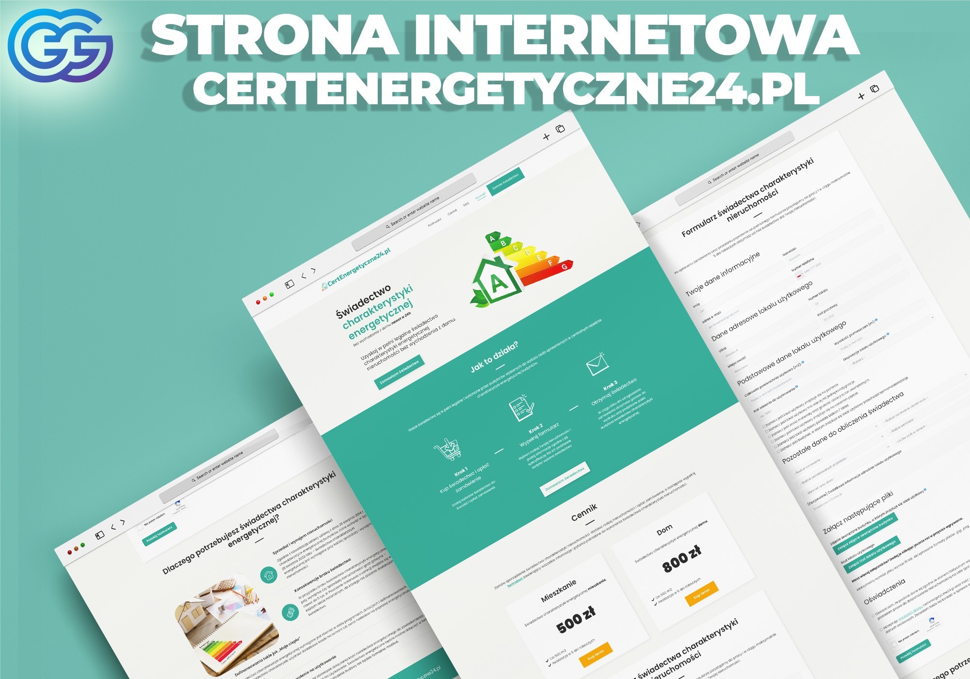 Prezentacja strony internetowej z formularzem zamówienia świadectwa charakterystyki energetycznej, z widocznymi informacjami o cenach, procesie zamawiania i korzyściach.