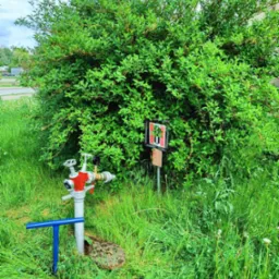 Czerwony hydrant przeciwpożarowy z niebieskim kluczem, częściowo zasłonięty przez bujny krzew i wysoką trawę, obok znak informacyjny