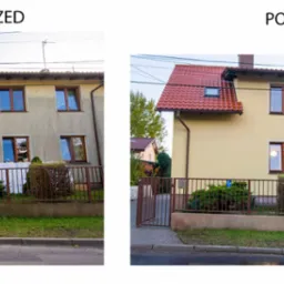 Porównanie stanu elewacji domu przed i po czyszczeniu, widoczne różnice w kolorze i czystości, brązowe okna i czerwona dachówka.