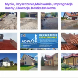 Zestaw zdjęć przedstawiających różne usługi: mycie kostki brukowej z użyciem węża ciśnieniowego, czyszczenie dachu przez pracownika, odnowione elewacje budynków oraz reklama firmy Adwash oferującej...