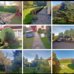Mozaika zdjęć przedstawiająca r&oacute;żnorodne aranżacje ogrod&oacute;w: starannie przycięte żywopłoty, ścieżki z kostki brukowej, formowane drzewa i krzewy, trawniki, oraz widok na elewacje dom&oacute;w w słoneczny...