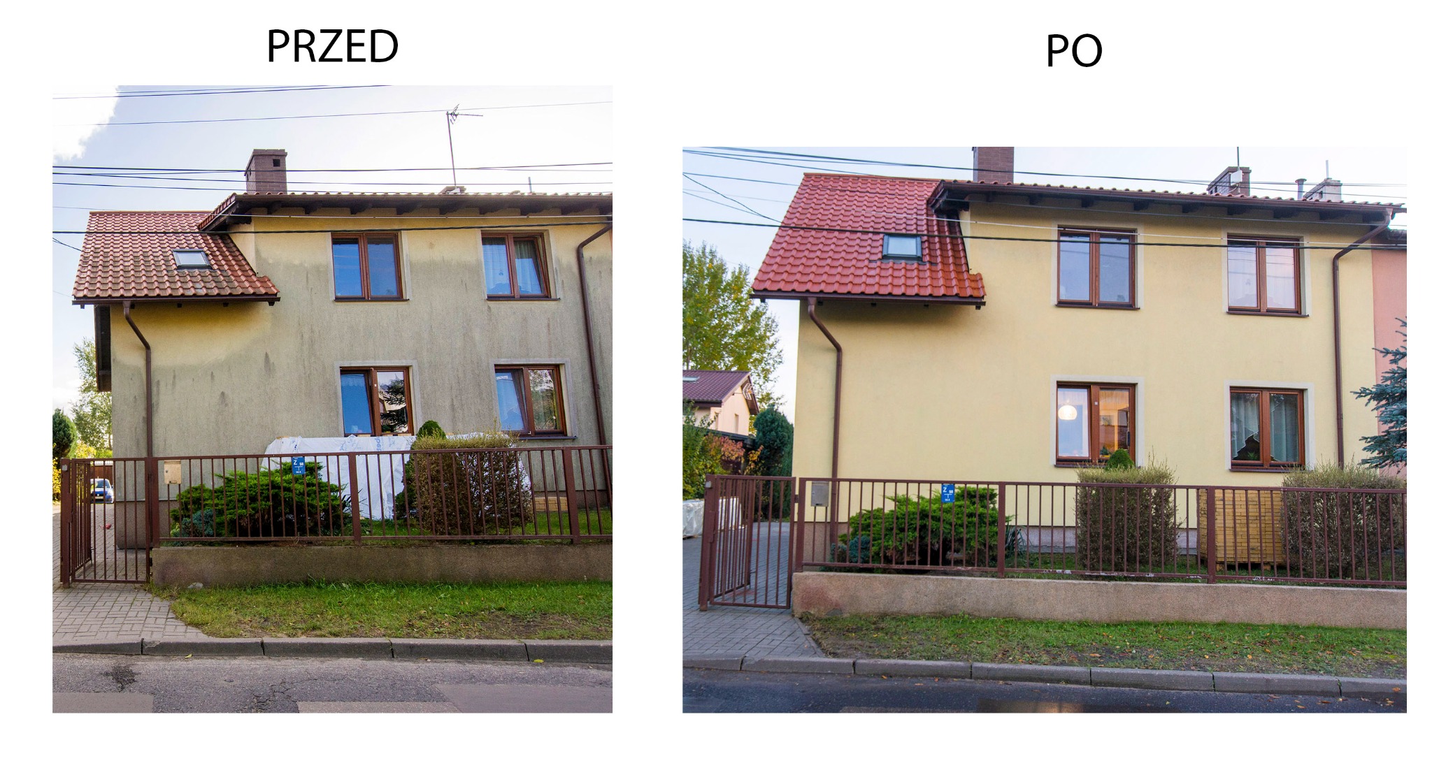 Porównanie stanu elewacji domu przed i po czyszczeniu, widoczne różnice w kolorze i czystości, brązowe okna i czerwona dachówka.