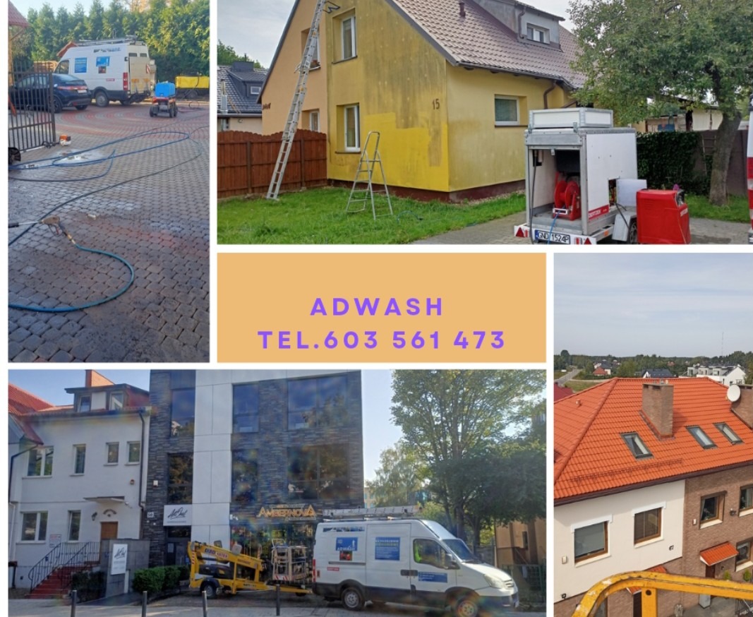 Montaż zdjęć z usługami czyszczenia i malowania elewacji budynków: dom jednorodzinny z rusztowaniem, fragment pomalowanej ściany, przyczepa ze sprzętem czyszczącym, kostka brukowa z śladami mycia...