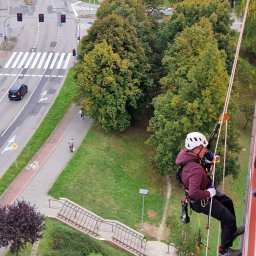 Climber Usługi wysokościowe alpinistyczne I arborystyczne - Pracownik w kasku, na linie, w trakcie pracy na wysokości, widok z góry na miasto z zielenią i ulicą.
