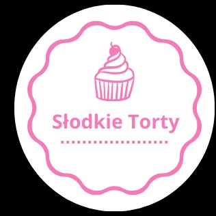 Różowa okrągła naklejka z falistym obramowaniem, przedstawiająca rysunek babeczki z wisienką i napisem 'Słodkie Torty' na białym tle.