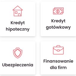 Ewelina Kotowicz Pośrednictwo Finansowe - Zestaw ikon przedstawiających usługi finansowe: dom (finansowanie zakupu nieruchomości), banknoty (dostęp do dodatkowych środków), tarcza (ochrona finansowa), teczka (wsparcie dla przedsiębiorstw).