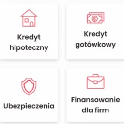 Zestaw ikon przedstawiających usługi finansowe: dom (finansowanie zakupu nieruchomości), banknoty (dostęp do dodatkowych środków), tarcza (ochrona finansowa), teczka (wsparcie dla przedsiębiorstw).