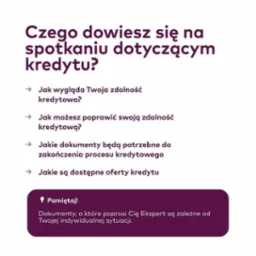 Grafika informacyjna z pytaniami dotyczącymi zdolności kredytowej, wymaganych dokumentów i dostępnych ofert, prezentowana na białym tle z fioletowymi akcentami.