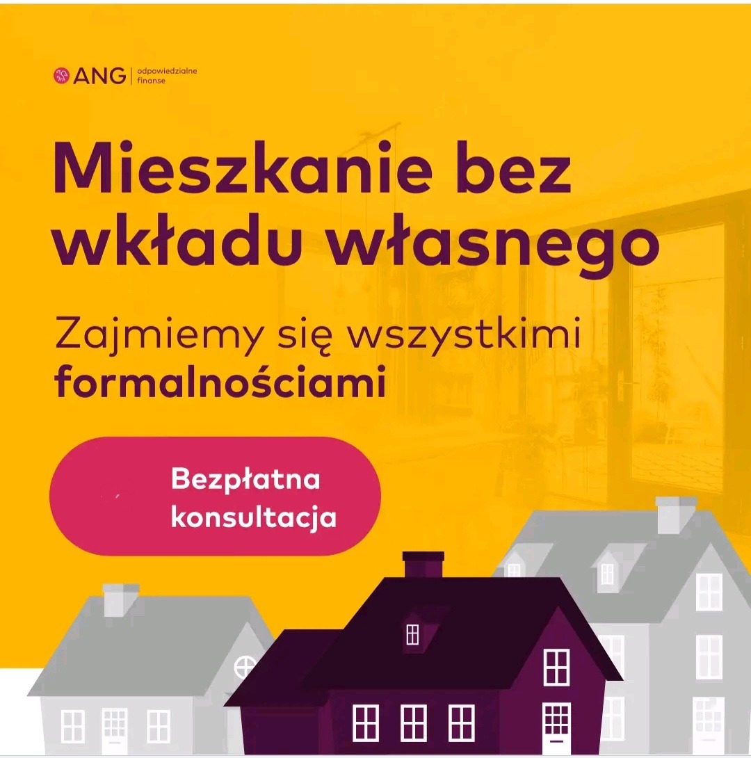Grafika reklamowa z hasłem 'Mieszkanie bez wkładu własnego' i napisem 'Bezpłatna konsultacja', ilustrowana uproszczonymi rysunkami domów na żółtym tle z logo firmy ANG.