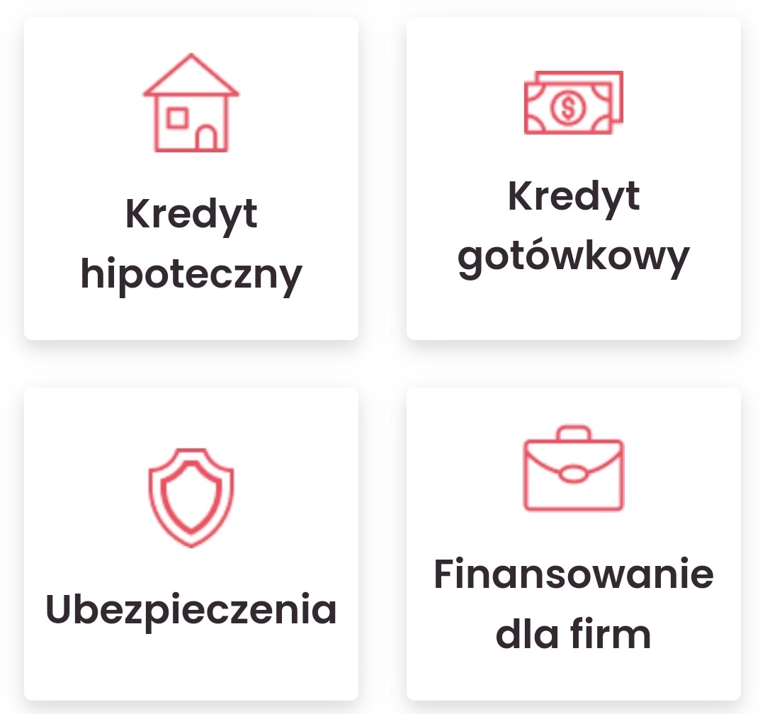 Zestaw ikon przedstawiających usługi finansowe: dom (finansowanie zakupu nieruchomości), banknoty (dostęp do dodatkowych środków), tarcza (ochrona finansowa), teczka (wsparcie dla przedsiębiorstw).