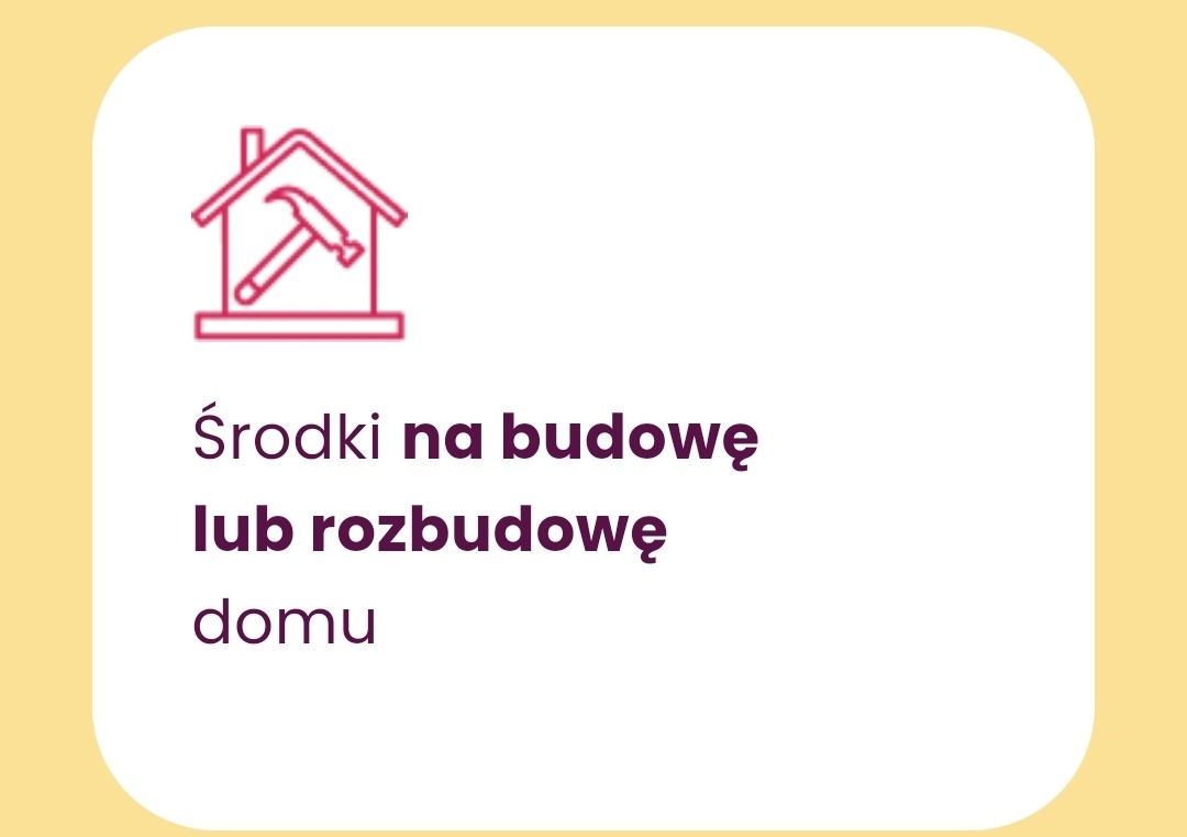 Ikona domu z młotkiem w środku, symbolizująca środki na budowę lub rozbudowę domu.