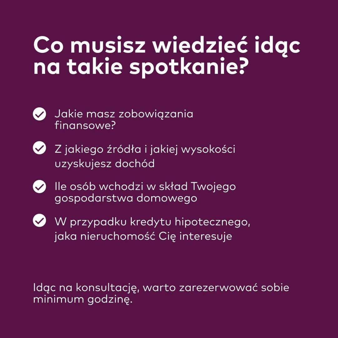 Infografika informująca o tym, co należy wiedzieć przed spotkaniem w sprawie finansów w Dzierżoniowie: zobowiązania finansowe, źródło i wysokość dochodu, skład gospodarstwa domowego...